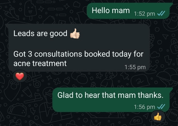 WhatsApp message from EpiDermic: leads are good, 3 consultations booked today for acne treatment