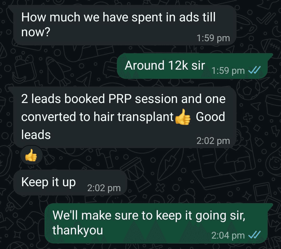 WhatsApp message from Hairflix: around 12k spent in ads, 2 leads booked PRP sessions and one converted to hair transplant