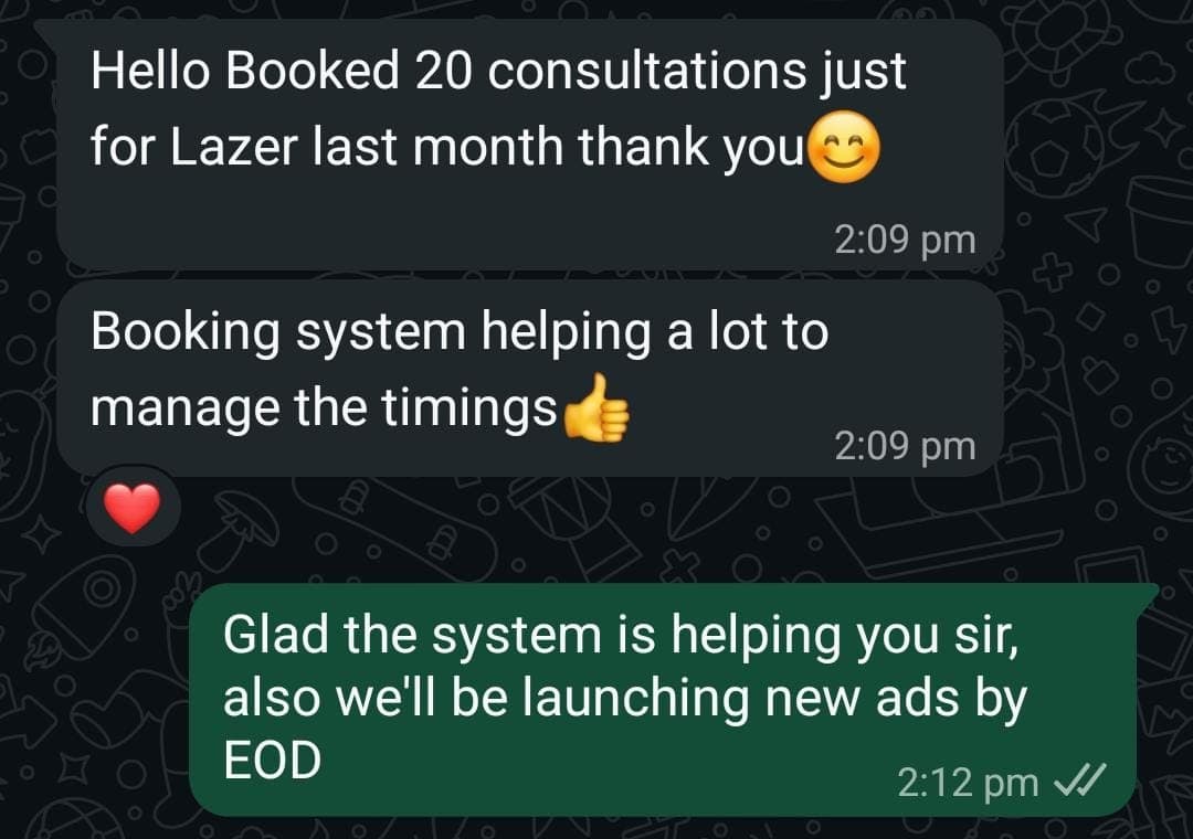 WhatsApp message from Dr. Richa Sharma: booked 20 consultations just for laser last month, booking system helping a lot to manage the timings